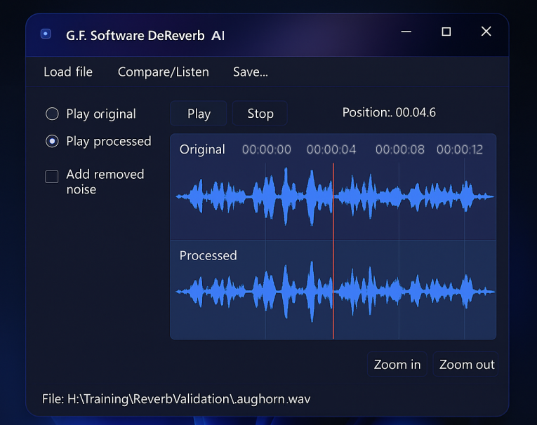 DeReverb AI interface showing original vs processed audio waveforms